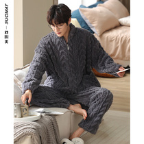 Mens pajamas winter thickened plus velvet warm coral velvet home clothing winter 2021 New flannel set