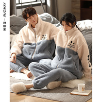 Couple pajamas winter couples coral velvet home clothing women cartoon padded flannel mens letter set