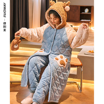 Pajamas ladies autumn and winter thickened coral velvet three-layer super thick clip cotton-padded jacket long robe cartoon home suit suit