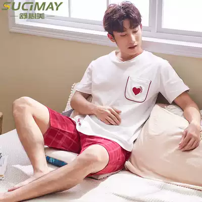 Pajamas men summer cotton short sleeve men cotton thin large size youth suit summer home clothes can be worn outside