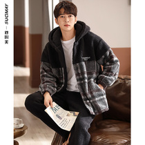 Coral velvet pajamas mens autumn and winter plus velvet thickened home wear mens new winter plaid hooded