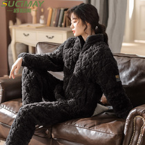 Pajamas womens winter thickened velvet coral velvet three-layer clip cotton-padded jacket stand collar flannel home clothing 2020 New