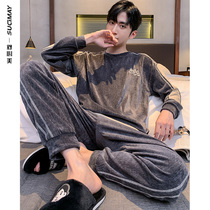 Pajamas men Spring and Autumn velvet home wear Men thin coral velvet flannel autumn and winter pullover letter set