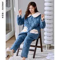 Pajamas womens autumn and winter three layers thickened velvet cotton coral velvet warm cute cartoon home clothing new set