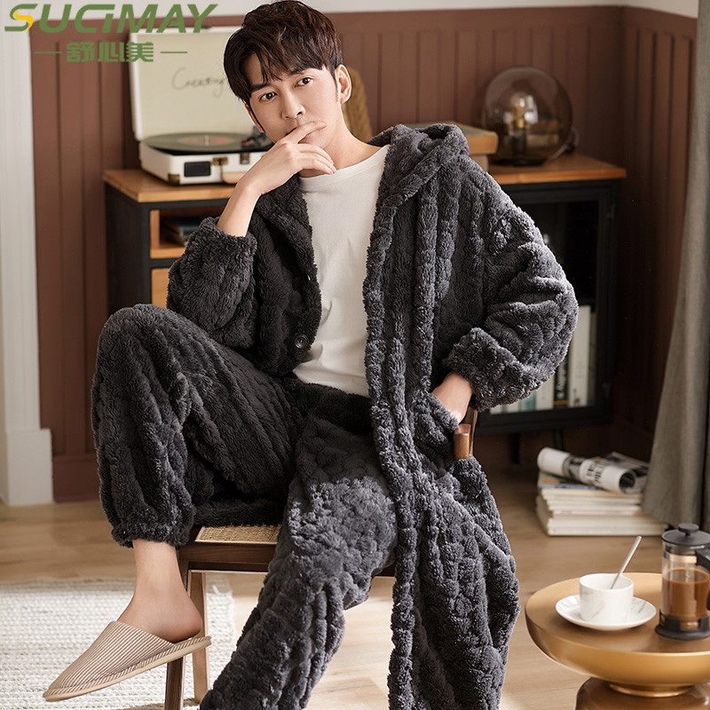 Nightgown Men's pajamas autumn and winter thickened velvet coral velvet winter morning robe Flannel long version bathrobe Home clothes