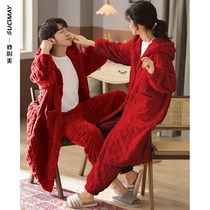 Wedding couple pajamas spring and autumn coral velvet robe for men and women winter jacquard plus velvet wedding Red home suit