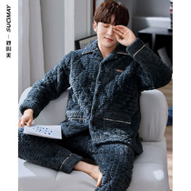 2021 new pajamas mens winter three layers of super thick cotton cotton plus velvet coral fleece cotton jacket home clothing mens suit