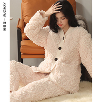Coral velvet cotton pajamas womens autumn and winter three layers thickened velvet loose size home clothing winter white set