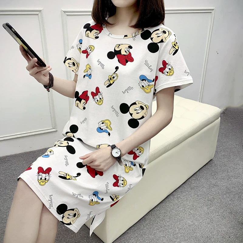 Váy ngủ phong cách Hàn Quốc có đệm ngực nữ mùa hè cotton ngắn tay hoạt hình dễ thương cộng với kích thước đồ ngủ dài trung bình rộng rãi dịch vụ tại nhà - Đêm đầm