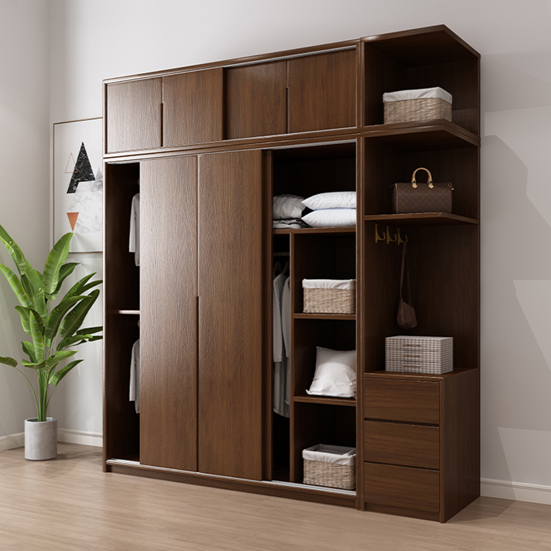 Solid Wood Oak Sliding Door Wardrobe for Home Bedroom Storage, Simple Walnut Color Sliding Door Closet, Sliding Door Hanging Wardrobe