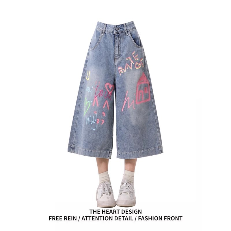 Dopamine Style Graffiti Denim Capri Pants for Women, Summer Wide-Leg Mid-Length Pants, Loose Straight-Leg Street Casual Shorts