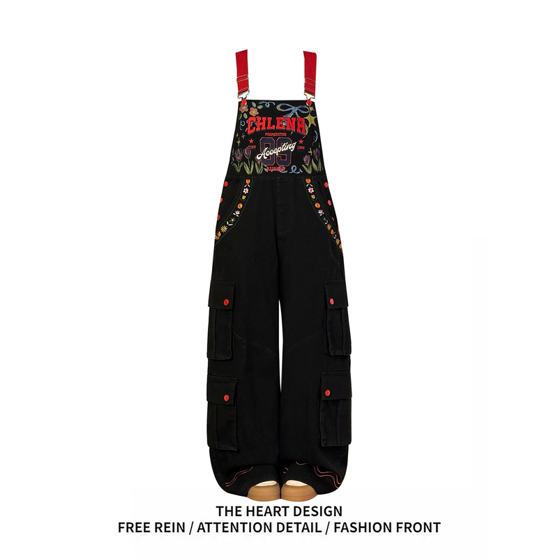 American Retro Embroidered Floral Denim Overalls for Women, 2026 Summer New Loose Wide-Leg Jumpsuit