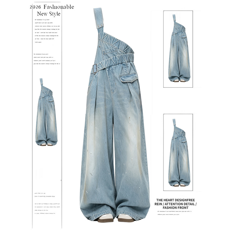 Ren Su Xi Style Denim Overalls for Women, Autumn 2026 New Model, One-Shoulder, Age-Reducing, Graffiti, High-Waisted, Wide-Leg Pants