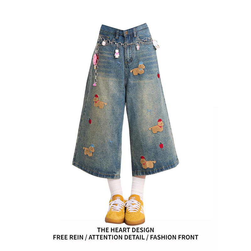 Fun Cartoon Embroidered Puppy Blue Denim Capri Pants for Women, Summer American Retro Niche Versatile Five-Point Shorts