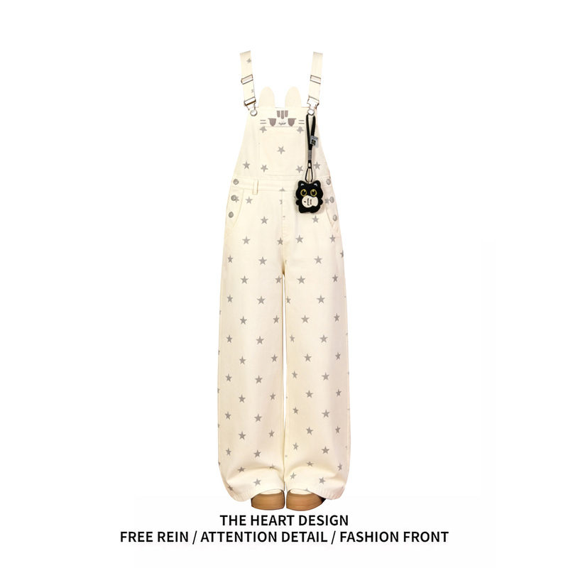 American Retro Cute Cat Embroidered Denim Overalls for Women 2026 Summer New Design Washed Wide-Leg Pants