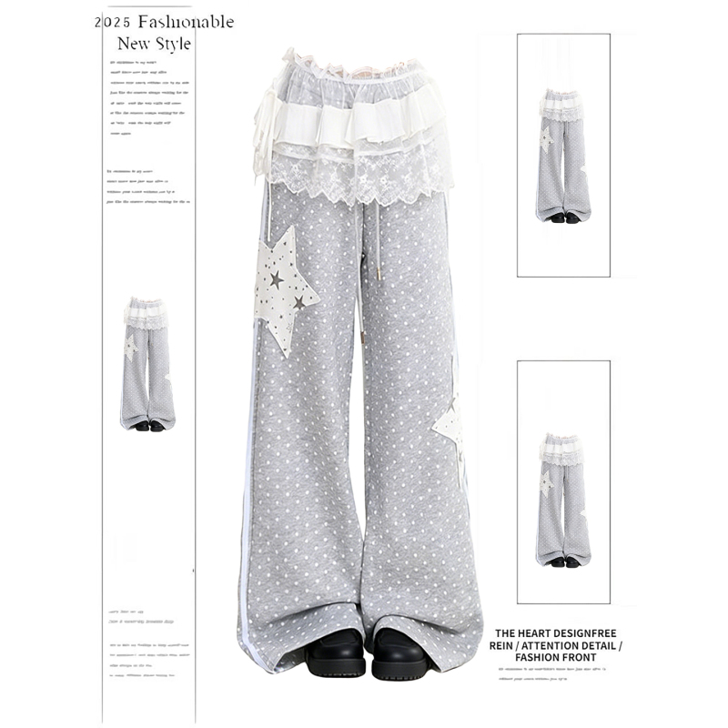All-Over Polka Dot and Star Patchwork Sweatpants for Women, New Spring and Autumn Style, Light Subculture, Loose Straight-Leg Pants, Slimming Casual Pants
