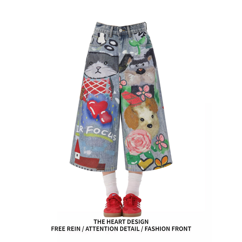 Fun Cartoon Patterned Cropped Jeans for Women, New Summer Style, Loose Street-Style Wide-Leg Versatile Pants, Straight Shorts
