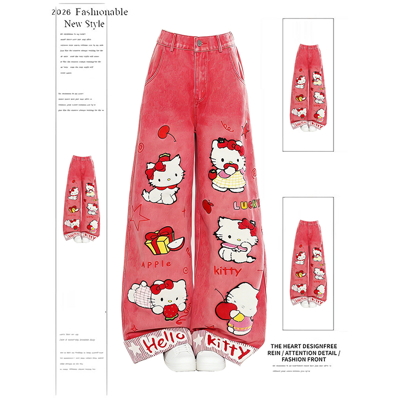 American Retro Cartoon Kitty Cat Embroidered Jeans for Women, Spring Dopamine Pink Pants, Loose Wide-Leg Pants
