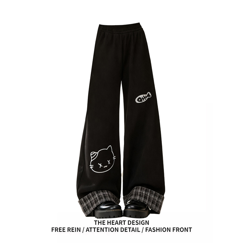 American Retro Black Sweatpants Casual Pants for Women, New Spring and Autumn Design with Cuffed Straight-Leg Sports Pants, Trendy