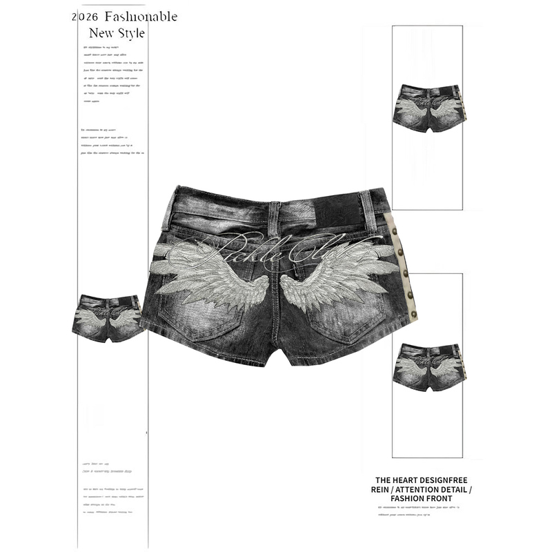 Angel Wings Embroidered Rivet Denim Shorts for Women, New Summer Subculture Pants, Hot Girl Distressed Low-Waist Hot Pants