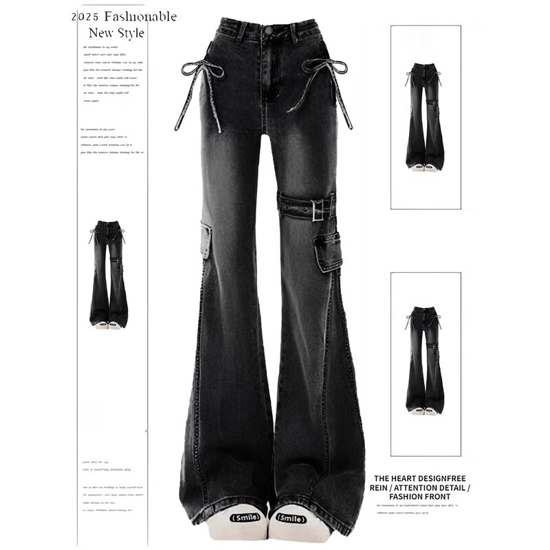 American Retro Lace-Up Bow Flared Jeans, New Spring/Autumn/Summer Style, High-Waisted Slimming Bell-Bottom Pants for Women