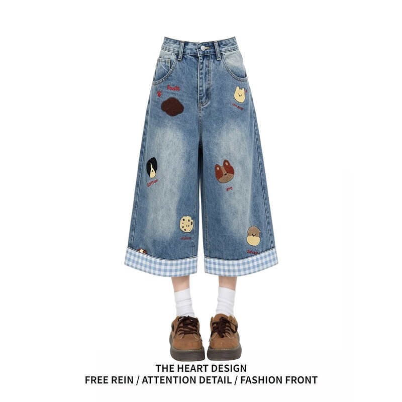 American-Style Washed Vintage Denim Capri Pants with Dog Embroidery for Women, 2026 Summer Trendy Retro Loose Wide-Leg Shorts American-Style Washed Vintage Denim Capri Pants with Dog Embroidery for Women, 2026 Summer Trendy Retro Loose Wide-Leg Shorts