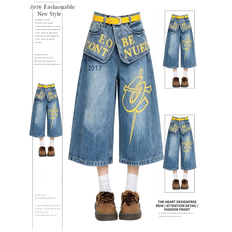 Hot Girl Graffiti Letter Print Double Waist Patchwork Faux Two-Piece Cropped Denim Pants for Women, Summer Design Wide-Leg Pants Trendy
