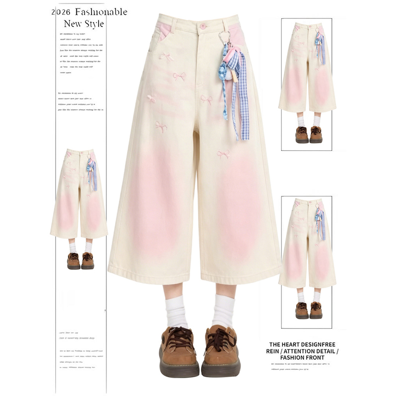 Butterfly Embroidery Gradient Pink Capri Jeans for Women 2026 Summer New Loose Slimming Wide-Leg Straight Pants Butterfly Embroidery Gradient Pink Capri Jeans for Women 2026 Summer New Loose Slimming Wide-Leg Straight Pants