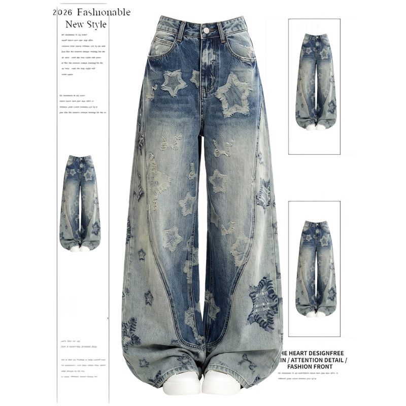Star Bow Jacquard Deconstructed Patchwork High-Waisted Jeans Autumn 2026 New Vintage Washed Wide-Leg Pants
