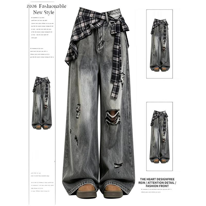 American Retro Distressed Ripped Jeans for Women, Autumn 2026 New Design Plaid Flared Wide-Leg Pants