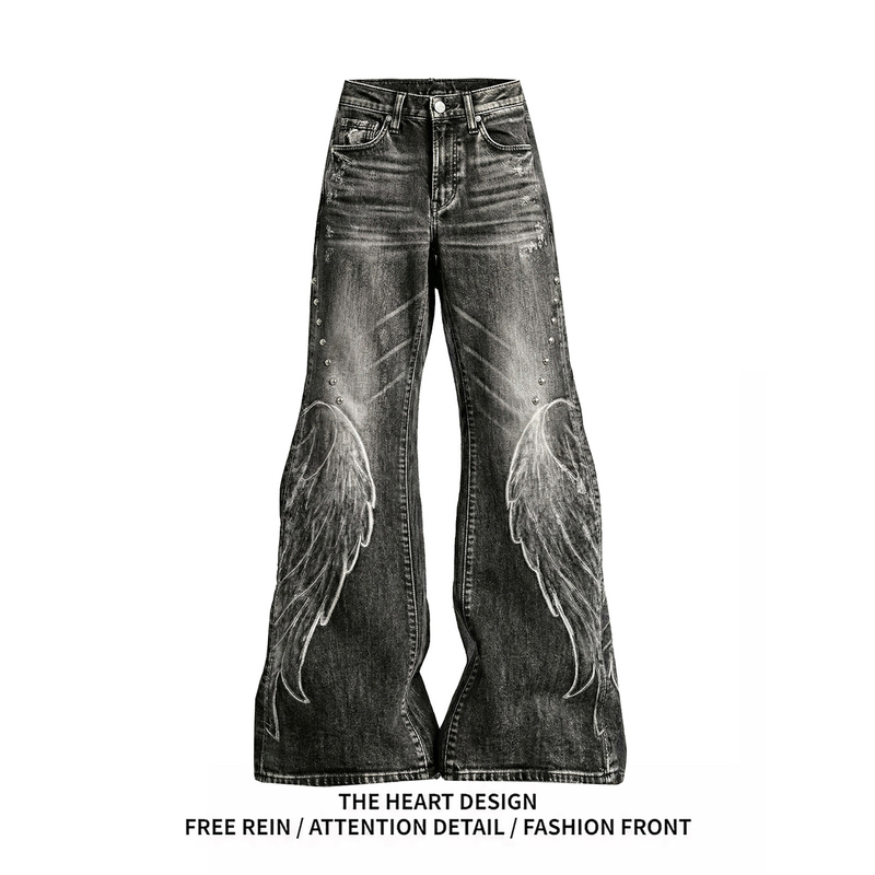 American Retro Distressed Wing Patch Flared Jeans for Women, Spring Punk Style Slim Fit Bell-Bottom Pants