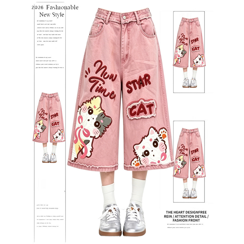 American-Style Fun Cartoon Embroidered Pink Denim Capri Pants for Women, 2026 Summer Retro New Wide-Leg Shorts