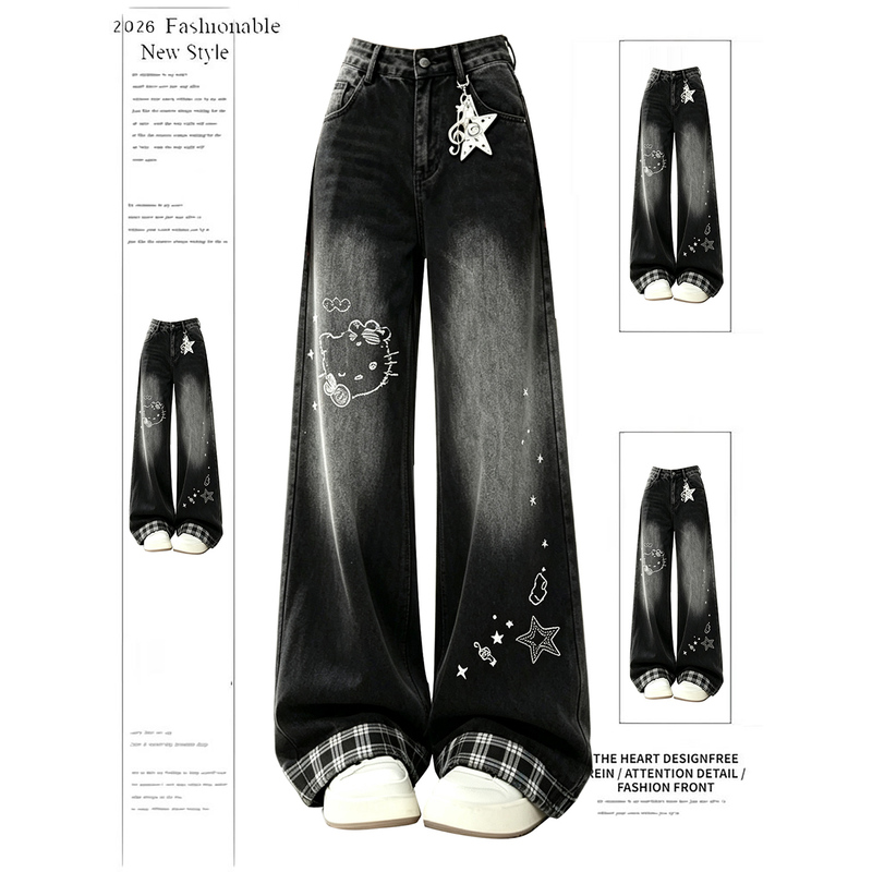 American Retro Cartoon Print Plaid Black Jeans for Women, New Autumn Style with Lapel Design, Loose Wide-Leg Pants