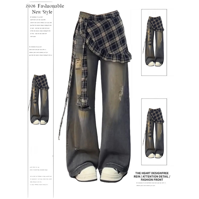 Fake Two-Piece Jeans for Women, Spring 2026 New Style, Unique Street Style, Spray-Painted Plaid Waistband, Ripped Wide-Leg Pants