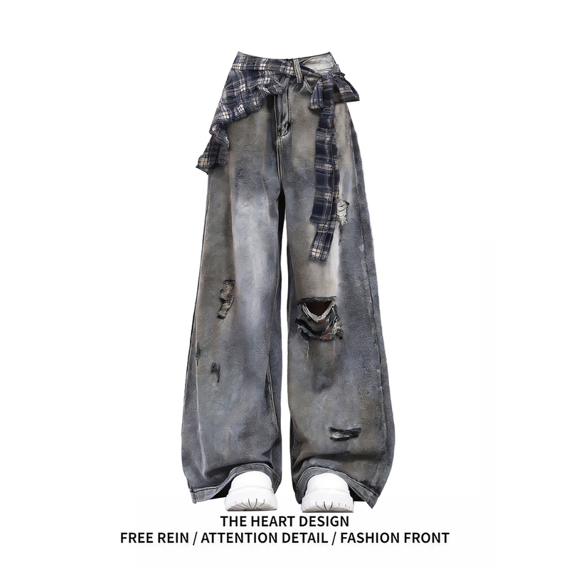 American Retro Distressed Ripped Jeans for Women, Spring 2026 New Design Plaid Flared Wide-Leg Pants