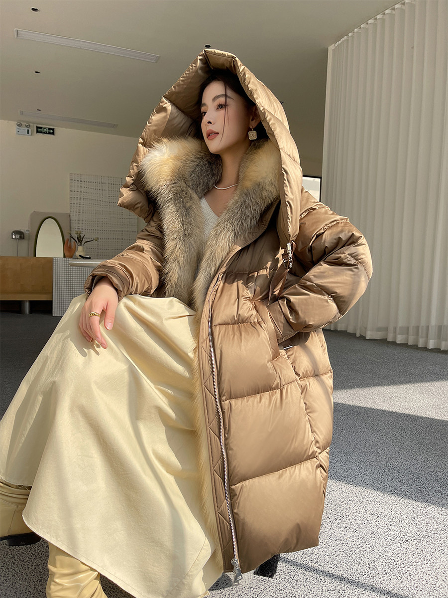 New Women's Winter Genuine Fox Fur Collar Down Jackets Long