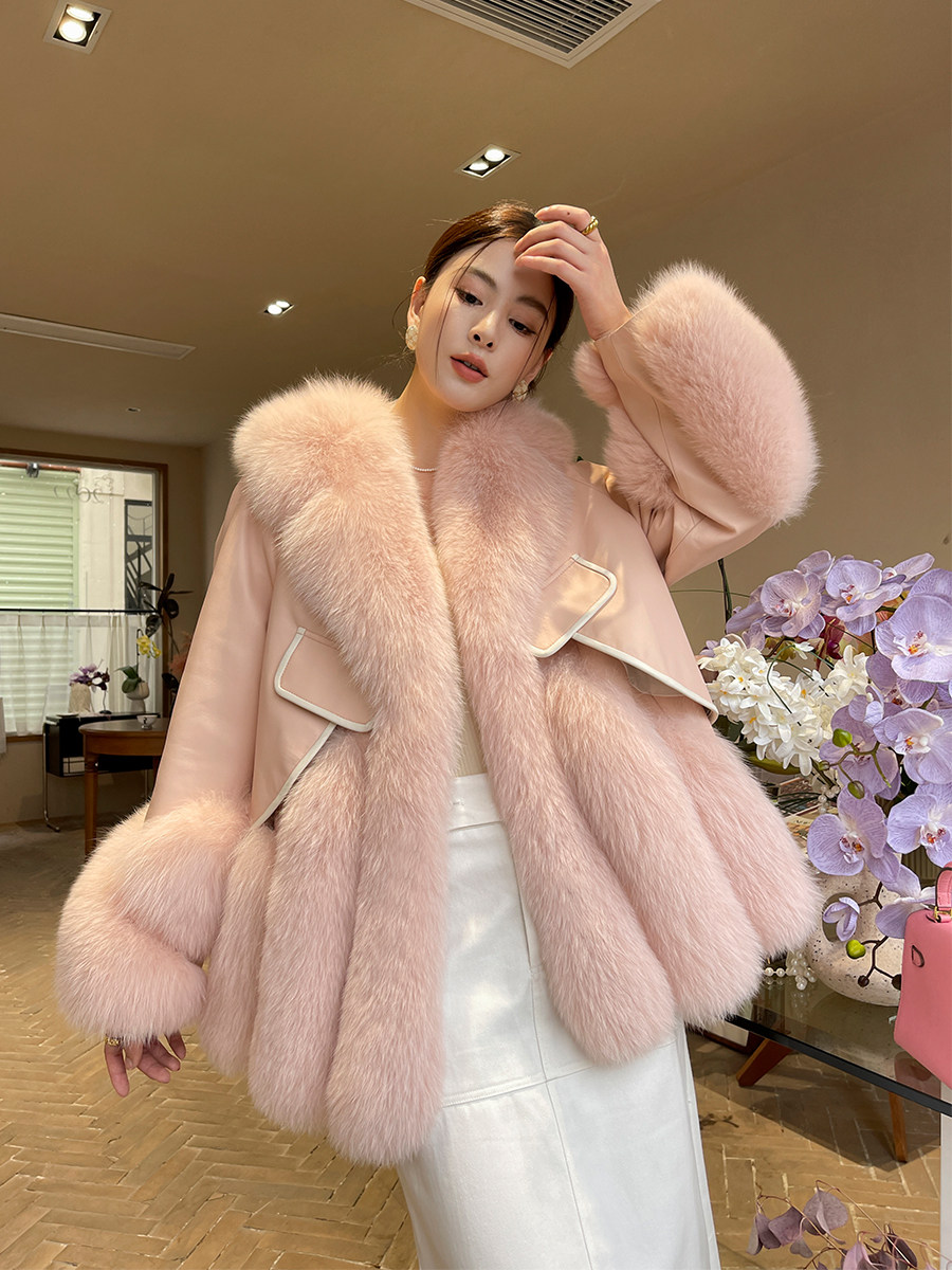 Luxury Genuine Fox Fur Jacket Sheepskin Fur Coat Furry Fur Women's