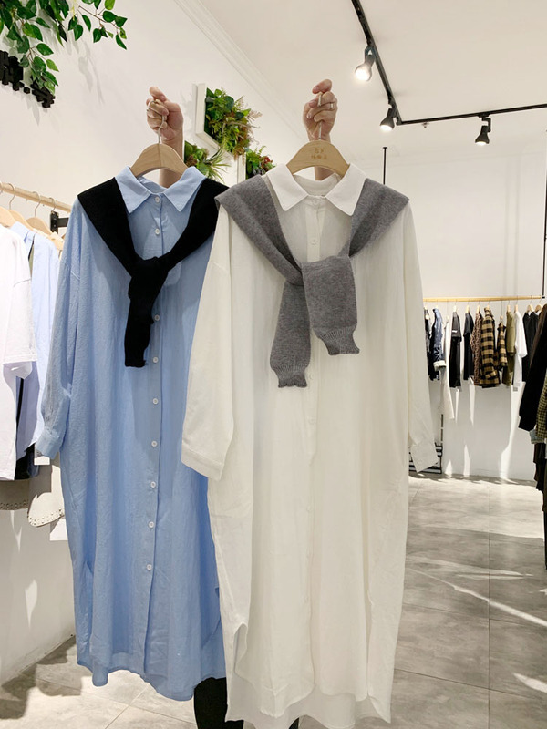 Blue Shirt with a Unique Design, Faux Two-Piece Shawl-Style Top, Mid-Length Shirt Dress, Cotton and Linen Plus-Size Top for Curvy Women