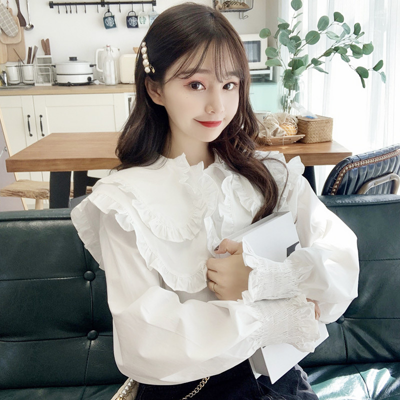 Blue Shirt for Women, Spring and Autumn 2024, Plus Size, Mid-Length, Covers the Hips, Fashionable, Stylish, Doll Collar, White Shirt, Long Sleeves