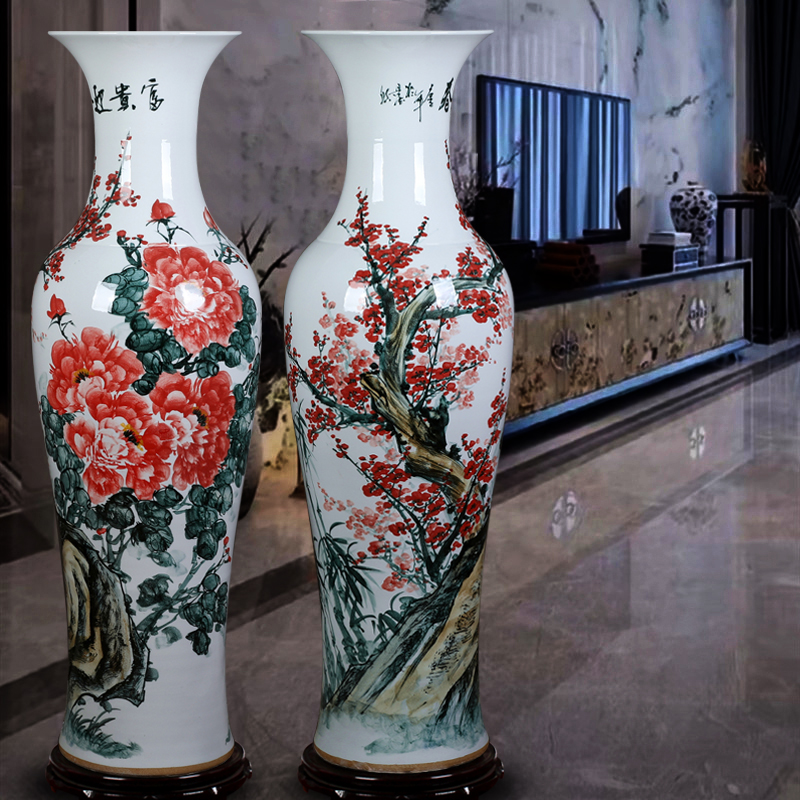 Jingdezhen ceramics large vase hand-painted high-grade peony red plum new house living room decoration floor ornaments