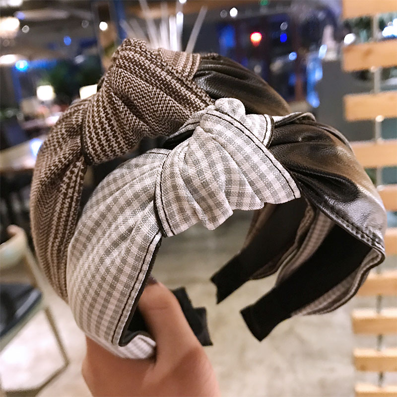 Hàn quốc phiên bản của giữa của knot knot Hàn Quốc vải đơn giản ngọt ngào lưới PU leather headband kẹp tóc phụ kiện tóc