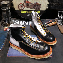 American retro leather Martin motorcycle short boots mens wild high-top thick bottom color-blocking short face boots tooling trendy shoes women