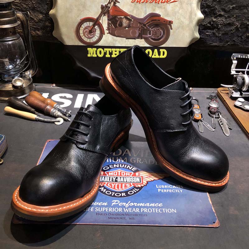 Youth all-match British style low-cut black leather big head retro casual tooling Derby leather shoes men's fashion