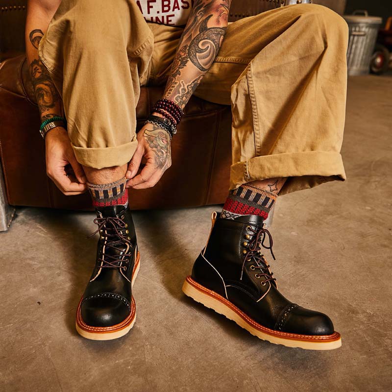 American retro leather British style Brogue high-top tooling Martin men's boots riding cowhide short boots thick-soled trendy shoes