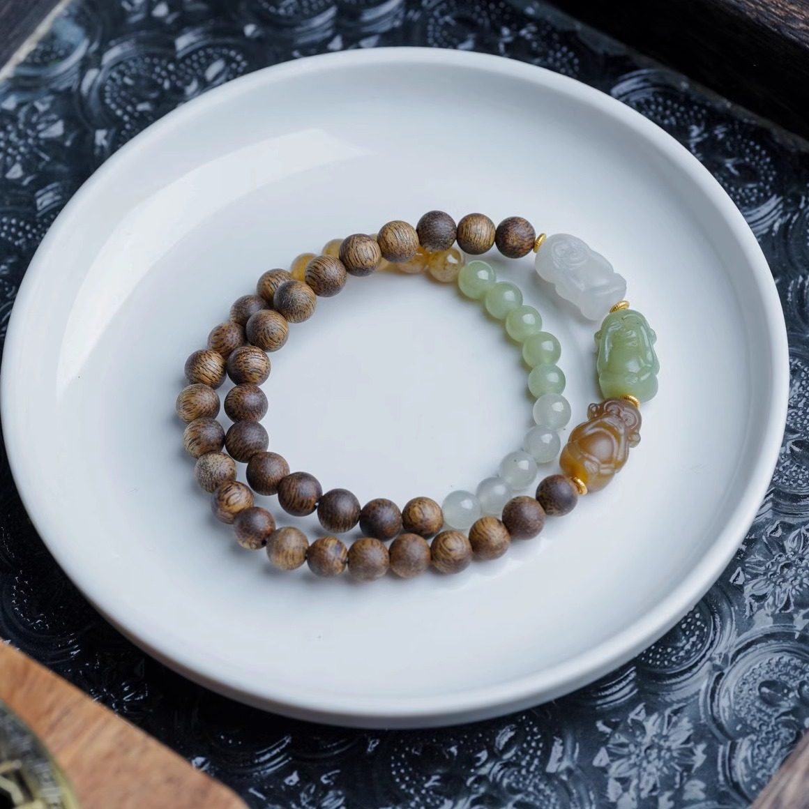 棋楠沉香原创DIY沉水料设计款手链女配和田玉三不猴时尚单圈礼品