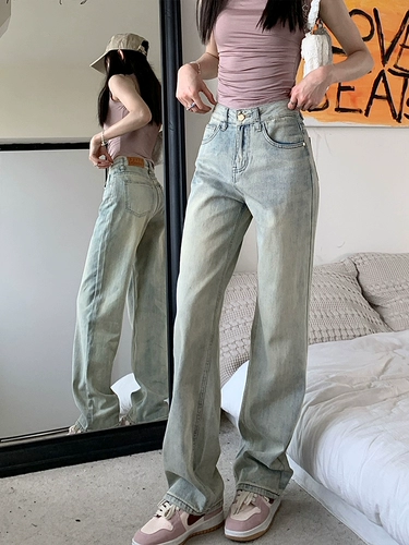 Светлые джинсы, летние штаны, высокая талия, свободный прямой крой