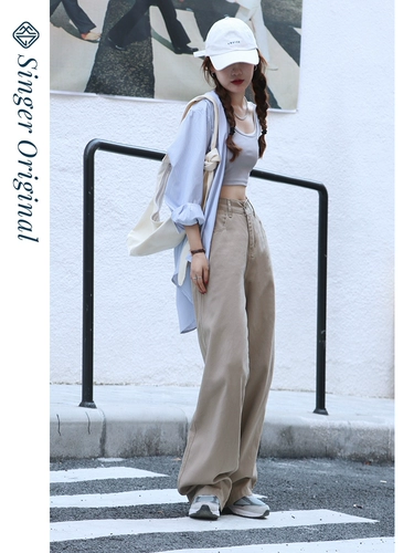 Хаки джинсы, летние штаны, высокая талия, свободный прямой крой