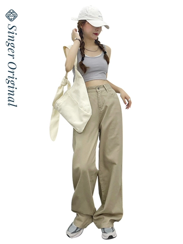 Хаки джинсы, летние штаны, высокая талия, свободный прямой крой