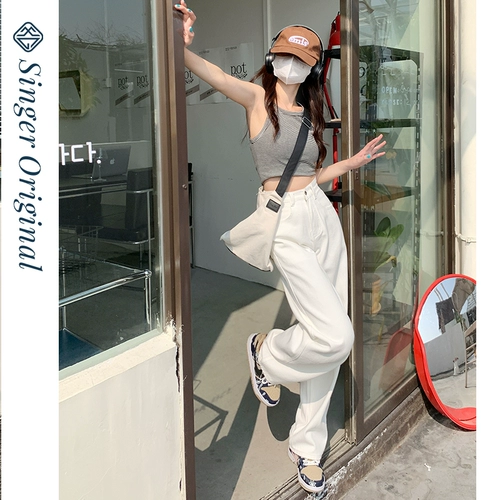 Белые цветные джинсы, летние штаны, высокая талия, коллекция 2022, свободный прямой крой, стройный силуэт