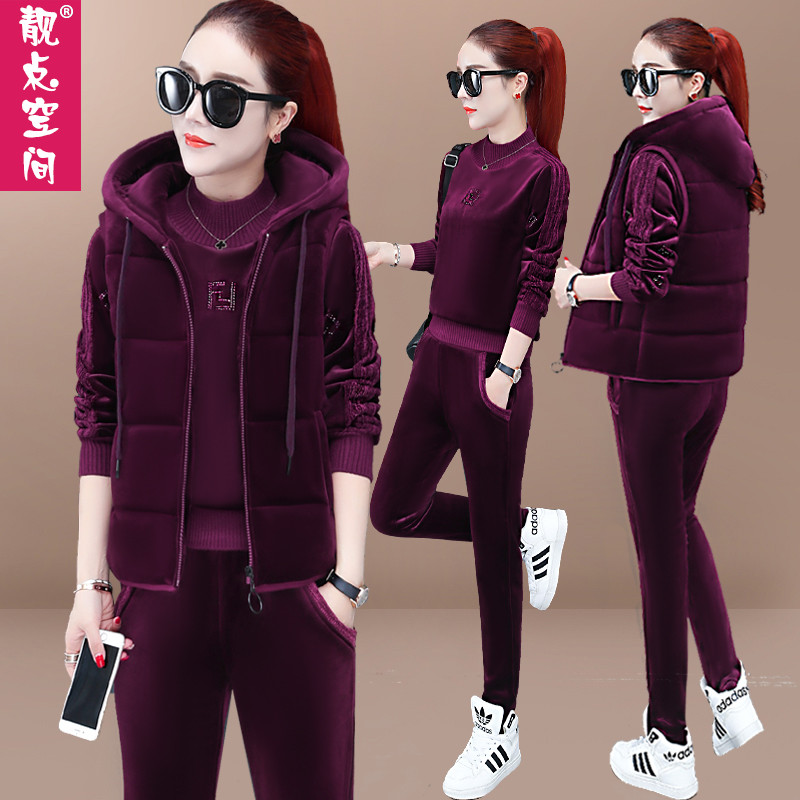 Glint thickened thick cotton T Three sets women's winter 2021 new autumn and winter gold velvet double face suede casual sportswear suit